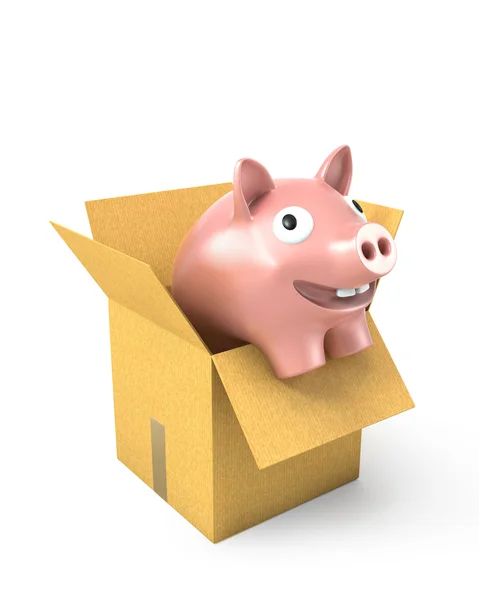 Piggy bank em uma caixa de papelão — Fotografia de Stock