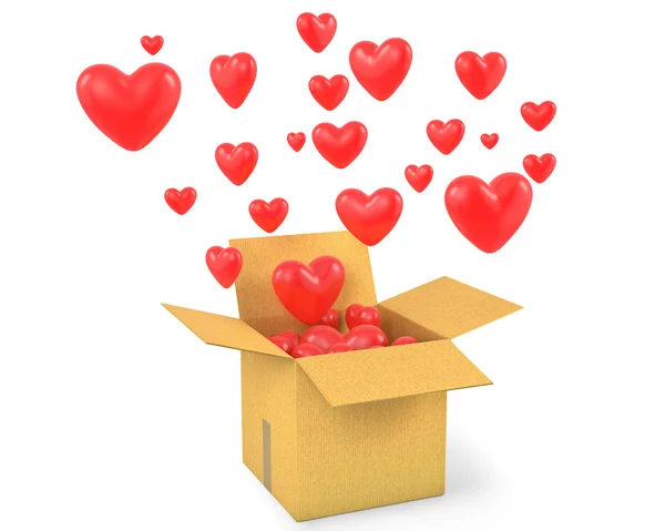 Carton box with a lot of flying out hearts — Stok fotoğraf