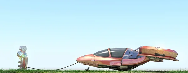Carro voador futurista no posto de gasolina — Fotografia de Stock