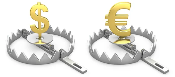 Dollar and yen symbols in a bear trap — Stock Photo, Image