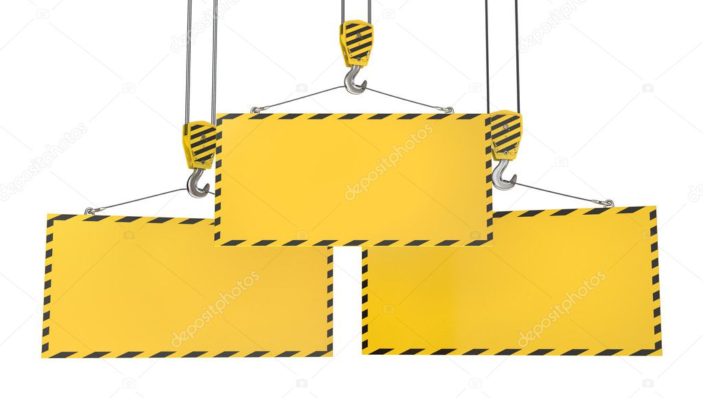Three crane hooks with blank yellow plates