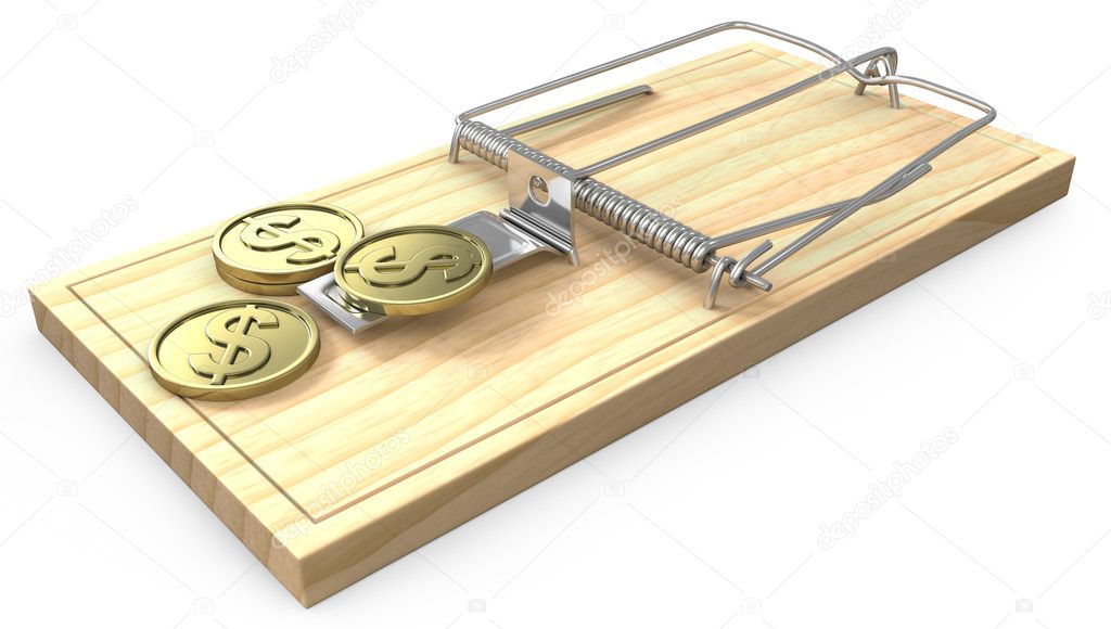 Few golden coins on a mouse trap