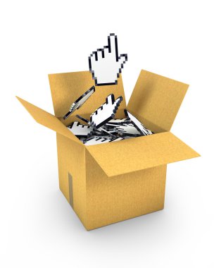 Hand cursor flies from box of cursors clipart