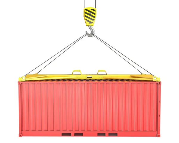 Freight container hoisted on container spreader — Stock Photo, Image