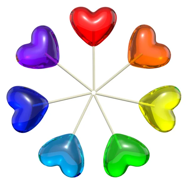 Sete pirulitos em forma de coração coloridos como arco-íris — Fotografia de Stock