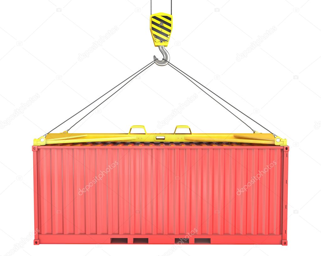 Freight container hoisted on container spreader