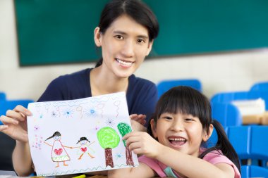 Girl giving mother a drawing clipart