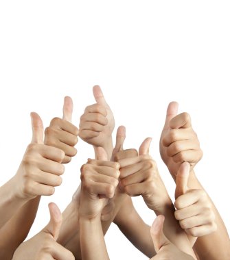 Many different hands with thumbs up isolated on white