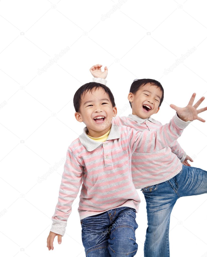 Laughing small asian kids isolated on white background