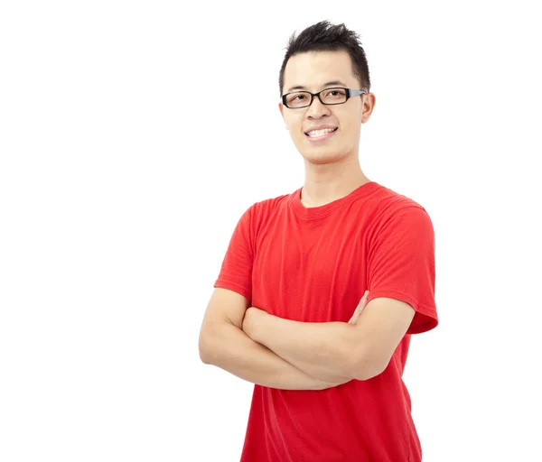 Slimme Aziatische jonge man met rode t-shirt — Stockfoto