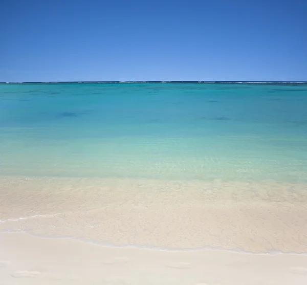 Praia com águas límpidas e céu azul — Fotografia de Stock