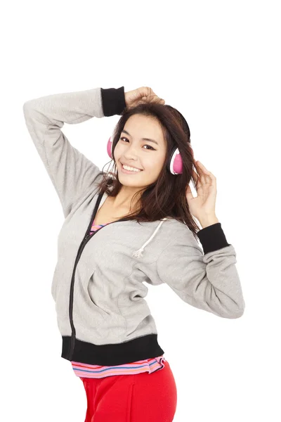 Young woman listen music and dancing — Stock Photo, Image