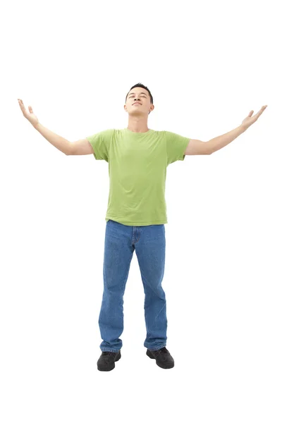 Full length young man with raise hand — Stock Photo, Image