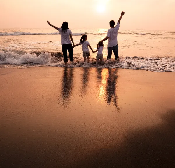 Keluarga bahagia berpegangan tangan di pantai dan menyaksikan matahari terbenam Stok Lukisan  