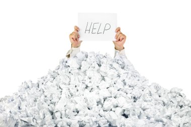 Person under crumpled pile of papers with a help sign / isolated clipart