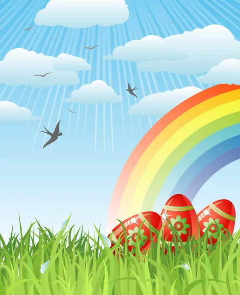 Великодня з яйцями, птахами та веселкою / вектор — стоковий вектор