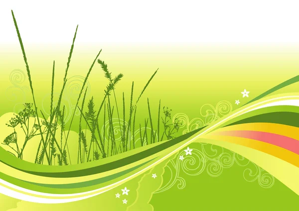 Grass, flowers and abstract lines background / vector — Stock Vector