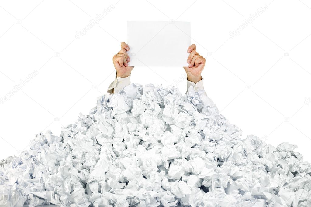 Person under crumpled pile of papers with a blank page / isolate