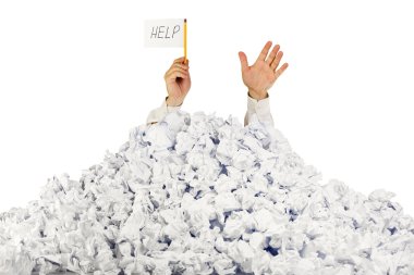 Person under crumpled pile of papers with hand holding a help si clipart