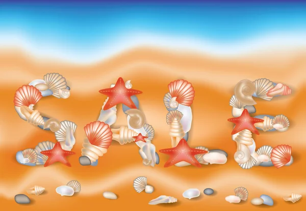 Summer Sale Design seashells on sand background — Stock Vector