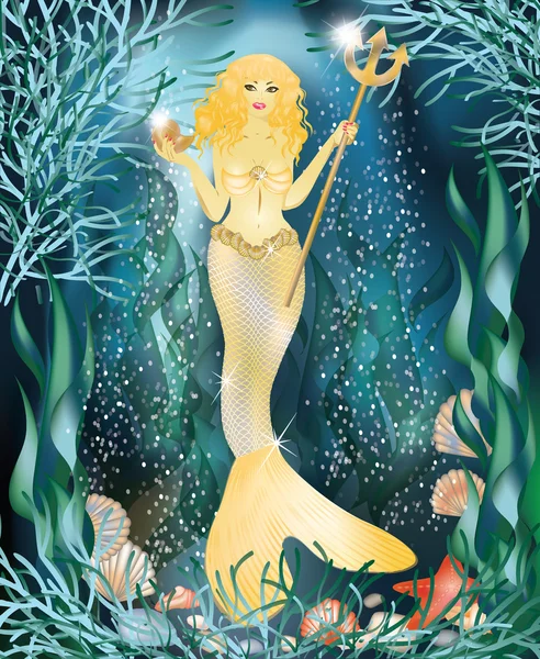 Beautiful golden mermaid with trident , vector illustration — Stock Vector