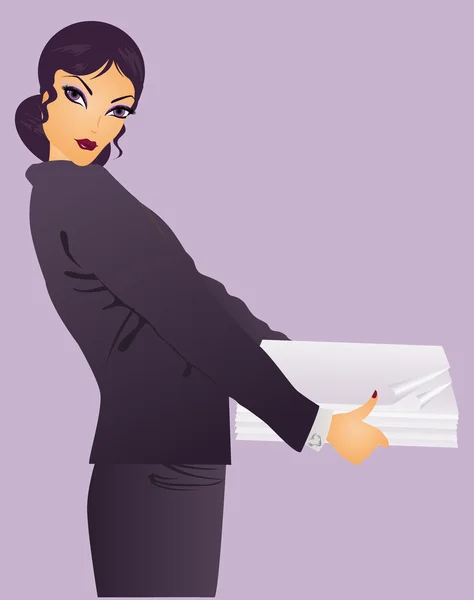 Young Business woman with paper, vector illustration — Stock Vector