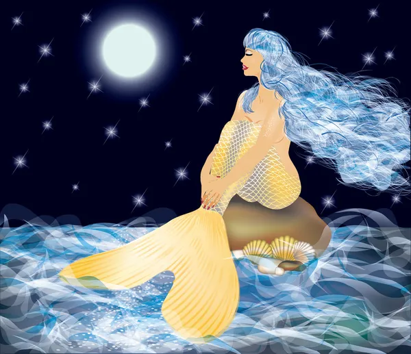 Bella sirena dorata e chiaro di luna, illustrazione vettoriale — Vettoriale Stock