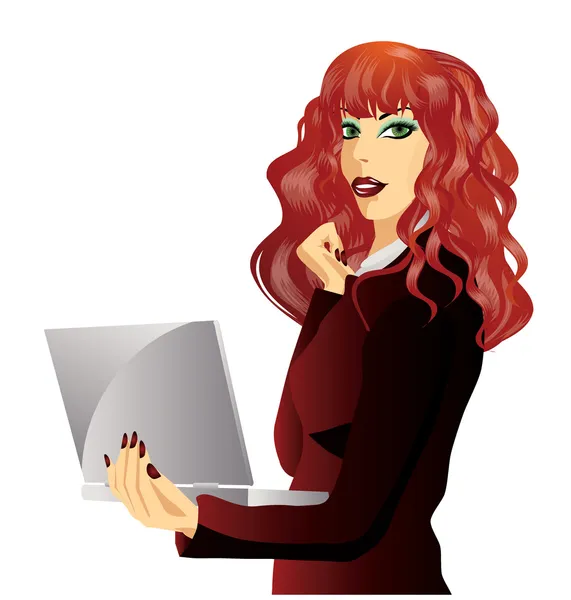 Chica de negocios con ordenador portátil, vector de ilustración — Vector de stock