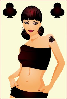Poker clubs girl card. vector illustration