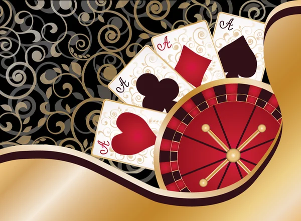 Tarjeta de casino con elementos de póquer y ruleta, vector — Vector de stock