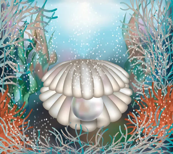 Unterwasserkartenmuschel mit einer Perlvektorillustration — Stockvektor