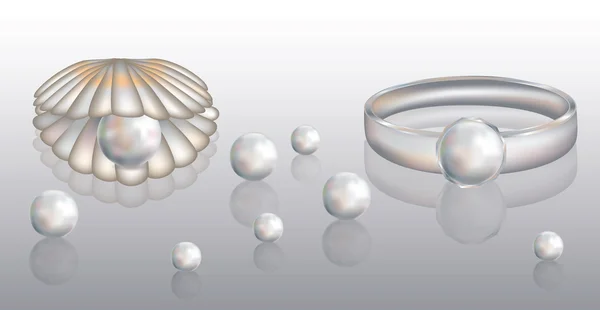 Belle coquille et bague avec illustration vectorielle perle — Image vectorielle