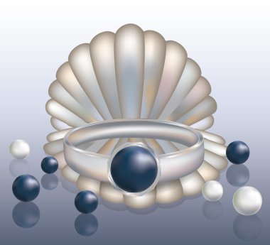 Seashell en ring met zwarte parel, vectorillustratie