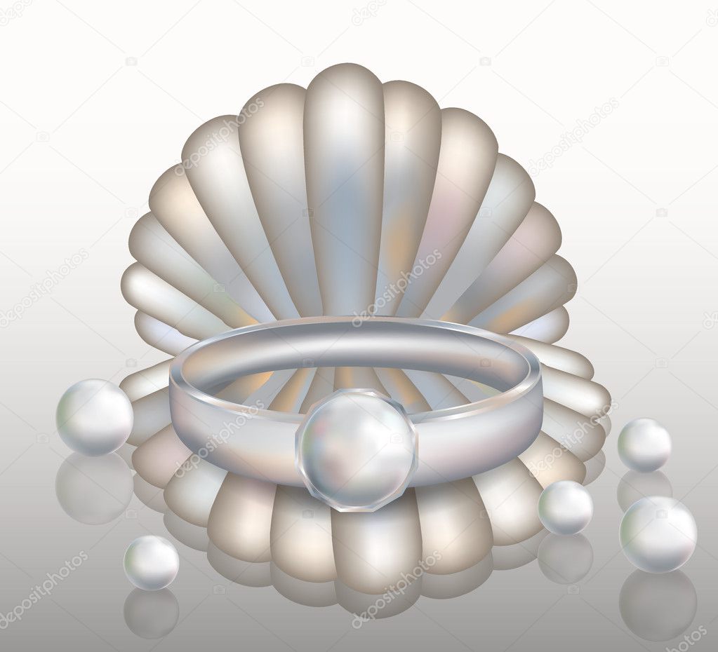 Platinum ring with pearl and seashell, vector illustration