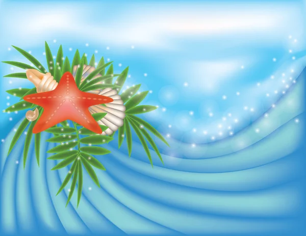 Tarjeta de verano con estrella de mar y palma, ilustración vectorial — Vector de stock