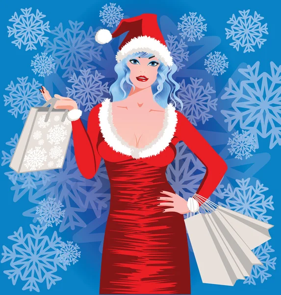 Santa girl shopping, vector illustration — Stock Vector