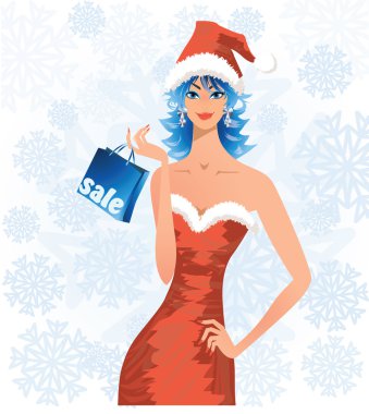 Christmas sale, woman in santa costume holding a shopping bag clipart