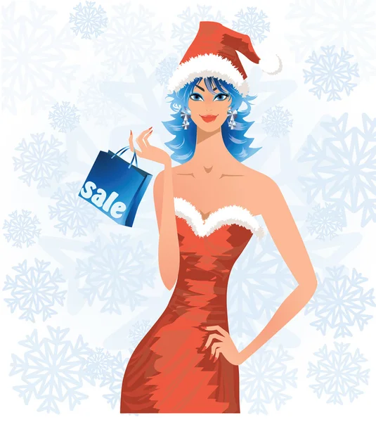 Venta de Navidad, mujer en traje de santa celebración de una bolsa de compras — Archivo Imágenes Vectoriales