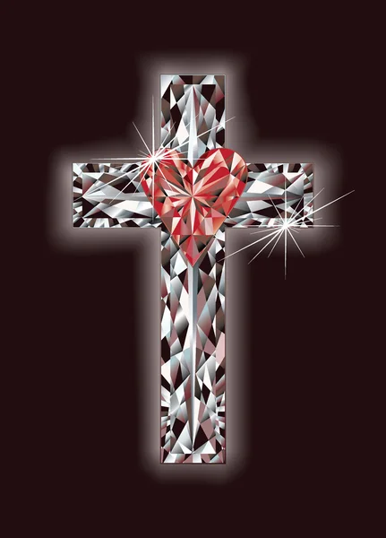 Бриллиантовый крест с рубиновым сердцем, векторная иллюстрация — стоковый вектор