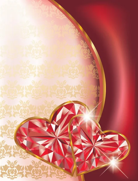 Tarjeta de amor con dos corazones de rubí, ilustración vectorial — Vector de stock