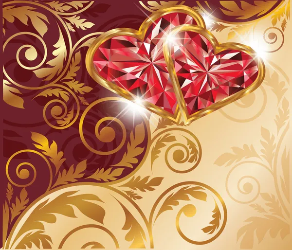 Cartão de amor com dois corações de rubi e padrão dourado, vetor — Vetor de Stock
