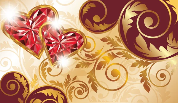 Banner de San Valentín con dos corazones de rubí, vector — Archivo Imágenes Vectoriales