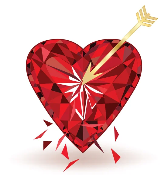 Corazón de rubí perforado con flecha, ilustración vectorial — Vector de stock