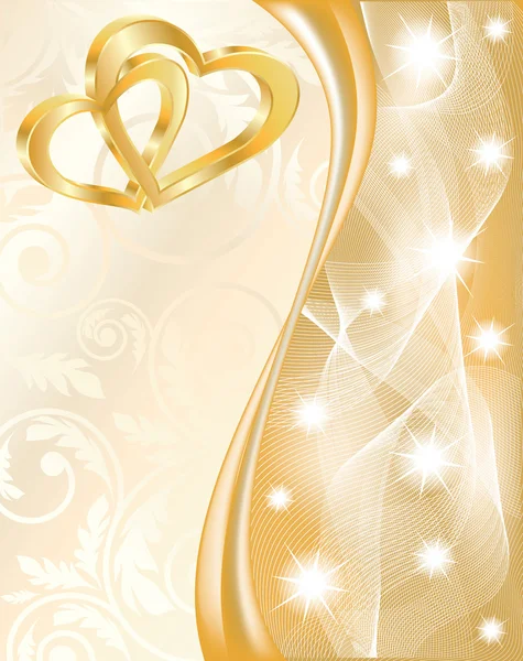 Свадебная карточка с двумя золотыми сердцами, векторная иллюстрация — стоковый вектор