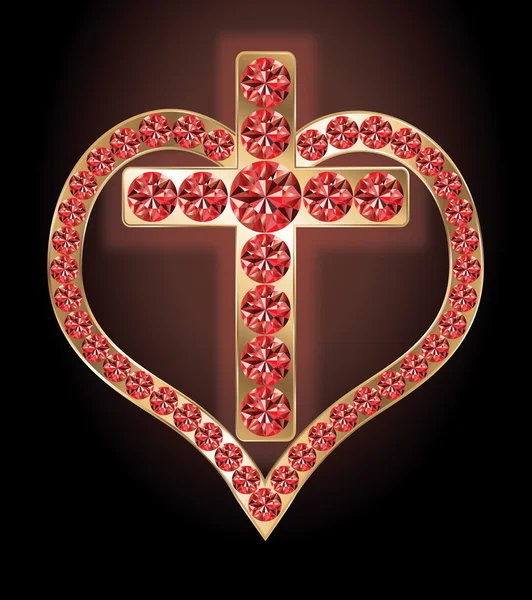 Ruby golden cross and heart, vector illustration — Stock Vector