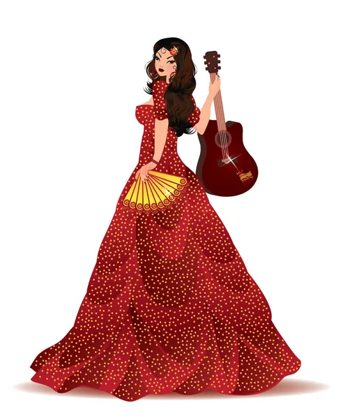 Ragazza spagnola con chitarra, illustrazione vettoriale — Vettoriale Stock