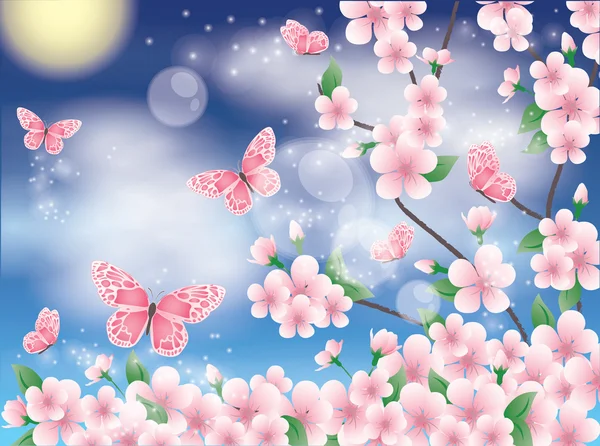 Cartão de primavera com sakura e borboleta, ilustração vetorial —  Vetores de Stock