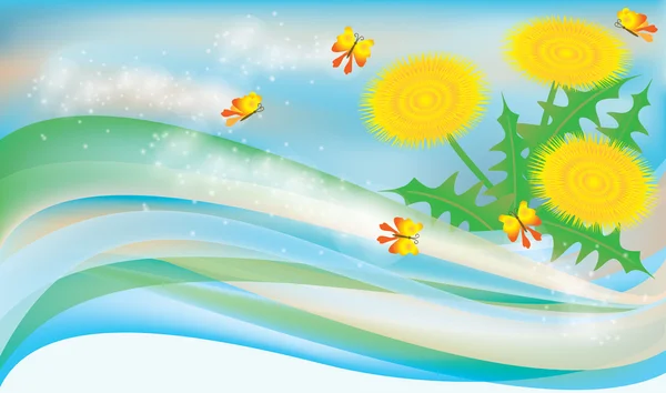 Banner de primavera con dientes de león. ilustración vectorial — Vector de stock