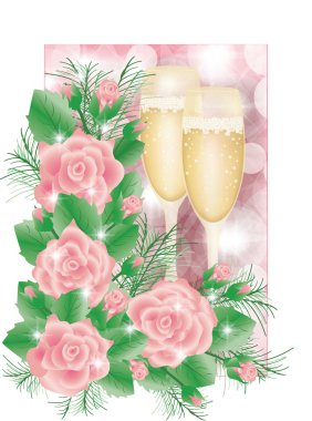 Greeting card with champagne and roses clipart