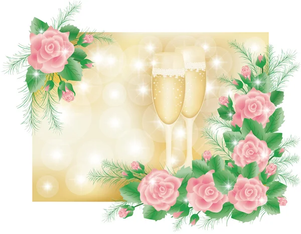 Rosas de amor e vinho de champanhe, ilustração vetorial — Vetor de Stock